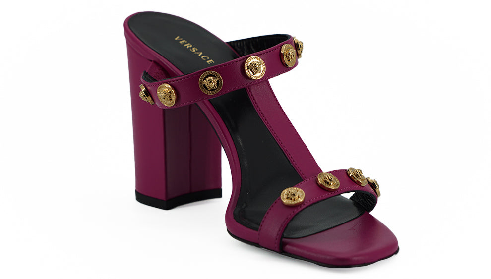 Elegant Purple Calf Leather High SandalsStep into luxury with these stunning Versace high sandals, a perfect blend of style and elegance. Fashioned from sumptuous calf leather in a rich purple hue, these open-toe heels feature the iconic Medusa logo and g