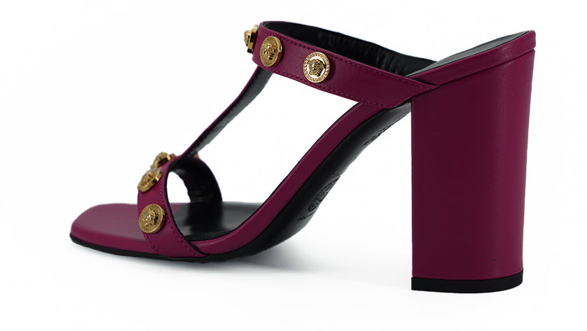 Elegant Purple Calf Leather High SandalsStep into luxury with these stunning Versace high sandals, a perfect blend of style and elegance. Fashioned from sumptuous calf leather in a rich purple hue, these open-toe heels feature the iconic Medusa logo and g