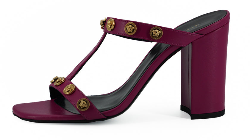 Elegant Purple Calf Leather High SandalsStep into luxury with these stunning Versace high sandals, a perfect blend of style and elegance. Fashioned from sumptuous calf leather in a rich purple hue, these open-toe heels feature the iconic Medusa logo and g