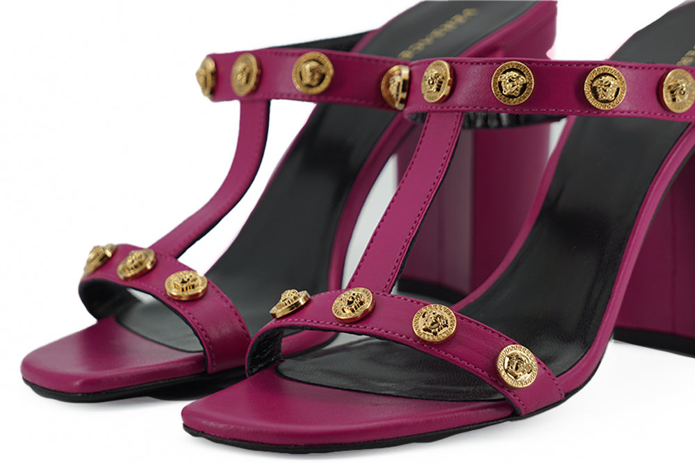 Elegant Purple Calf Leather High SandalsStep into luxury with these stunning Versace high sandals, a perfect blend of style and elegance. Fashioned from sumptuous calf leather in a rich purple hue, these open-toe heels feature the iconic Medusa logo and g