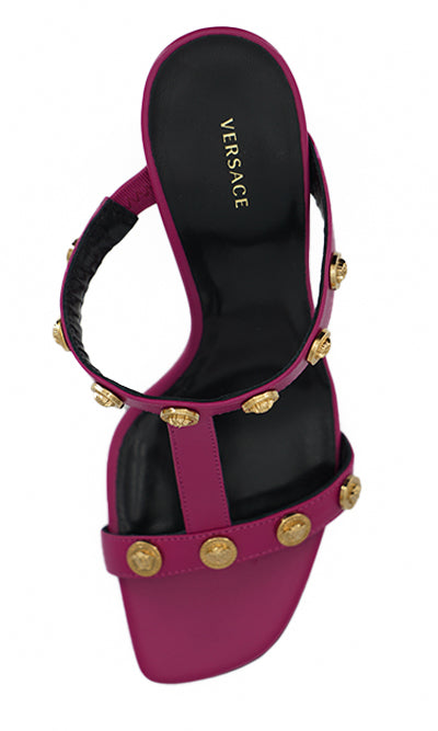 Elegant Purple Calf Leather High SandalsStep into luxury with these stunning Versace high sandals, a perfect blend of style and elegance. Fashioned from sumptuous calf leather in a rich purple hue, these open-toe heels feature the iconic Medusa logo and g