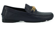 Elegant Navy Blue Calf Leather LoafersStep into luxury with these impeccable Versace men’s loafers, brand new and accompanied by the original box, tags, and a protective dust bag. Crafted from the finest 100% calf leather in a sophisticated navy blue, the