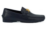 Elegant Navy Blue Calf Leather LoafersStep into luxury with these immaculate Versace loafers, a perfect blend of elegance and comfort. Crafted from the finest 100% calf leather, these navy blue loafers are brand new, complete with box, tags, and a protect