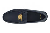 Elegant Navy Blue Calf Leather LoafersStep into luxury with these immaculate Versace loafers, a perfect blend of elegance and comfort. Crafted from the finest 100% calf leather, these navy blue loafers are brand new, complete with box, tags, and a protect