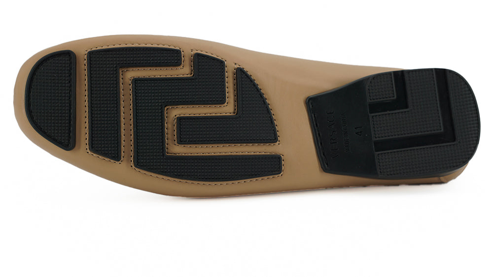 Exquisite Medusa Gold-Tone Leather LoafersIndulge in the epitome of luxury with these 100% authentic Versace men’s loafers, new with tags, box, and dust bag included. Crafted from the finest calf leather in an elegant beige hue, these shoes are the perfec