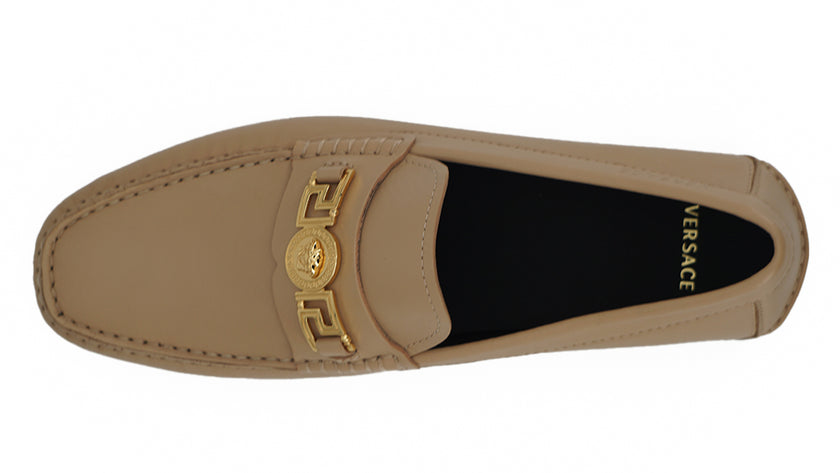 Exquisite Medusa Gold-Tone Leather LoafersIndulge in the epitome of luxury with these 100% authentic Versace men’s loafers, new with tags, box, and dust bag included. Crafted from the finest calf leather in an elegant beige hue, these shoes are the perfec