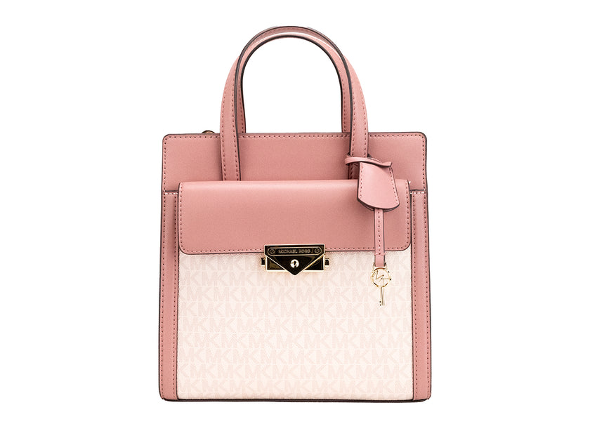 Cece Small Pink PVC North South Flap Tote Crossbody Bag PurseStyle: Michael Kors Cece Small Dark Powder Blush North South Flap Tote Crossbody Bag Material: Signature PVC Features: Inner Pockets, Lined, Adjustable/Detachable Crossbody Strap Measures: 22.86