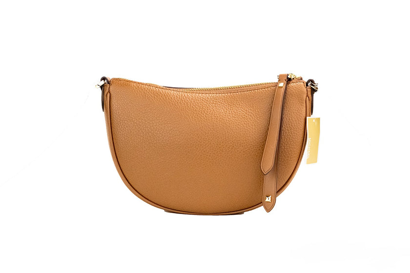 Dover Small Luggage Pebbled Leather Half Moon Crossbody Bag PurseStyle: Michael Kors Dover Small Half Moon Crossbody Bag (Luggage) Material: Pebbled Leather Features: 3 Inner Card Slots, Adjustable Crossbody Strap, Jacquard Lining, Zip Closure, Outer Slip