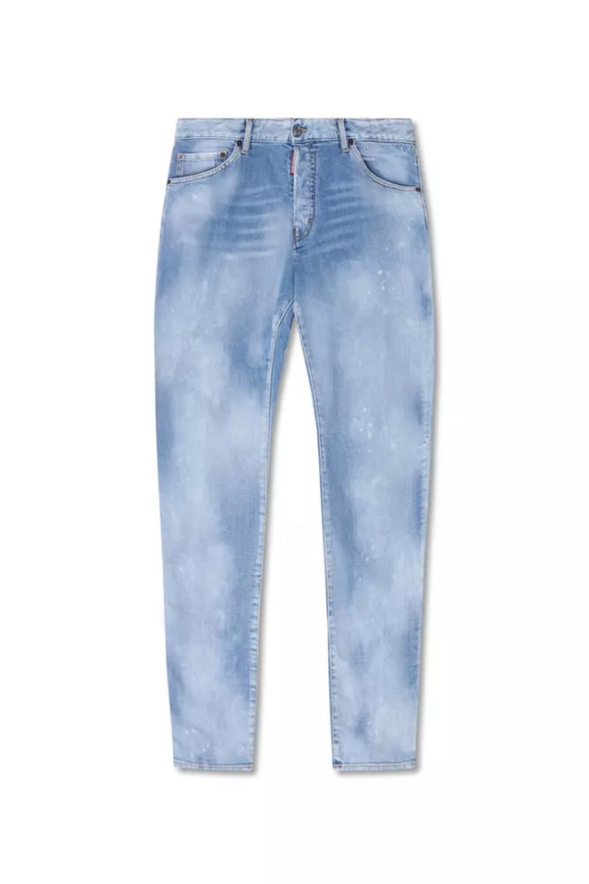 Blue Cotton Men JeansElevate your denim game with Dsquared²’s ‘Cool Guy’ jeans, a masterclass in bold styling with an edge. Crafted with the perfect blend of cotton and elastane for a comfortable yet chic fit, these light blue jeans feature a distinct whi