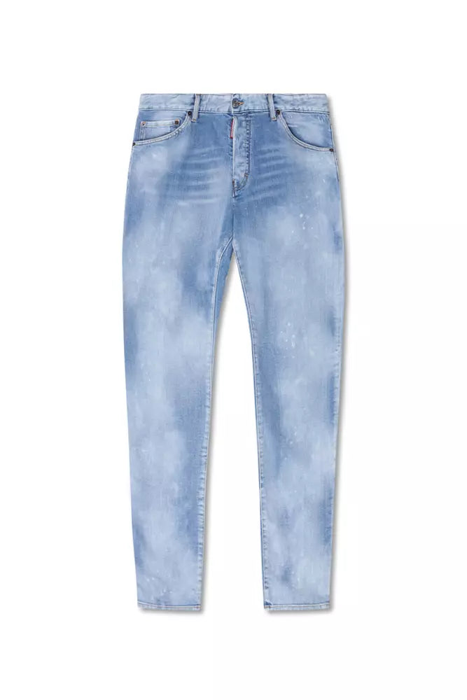 Blue Cotton Men JeansElevate your denim game with Dsquared²’s ‘Cool Guy’ jeans, a masterclass in bold styling with an edge. Crafted with the perfect blend of cotton and elastane for a comfortable yet chic fit, these light blue jeans feature a distinct whi