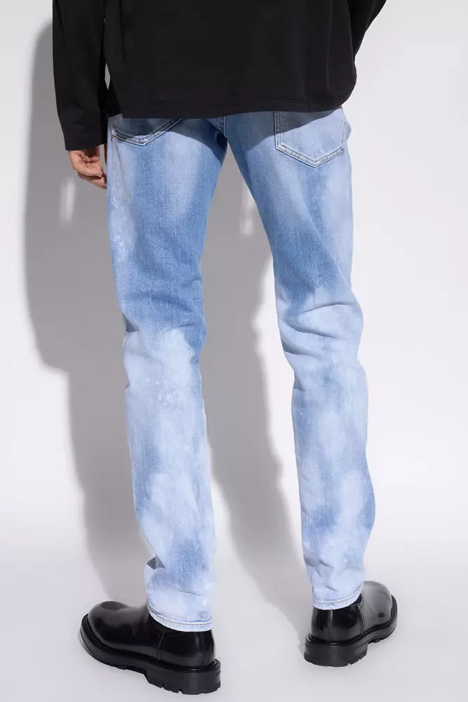 Blue Cotton Men JeansElevate your denim game with Dsquared²’s ‘Cool Guy’ jeans, a masterclass in bold styling with an edge. Crafted with the perfect blend of cotton and elastane for a comfortable yet chic fit, these light blue jeans feature a distinct whi