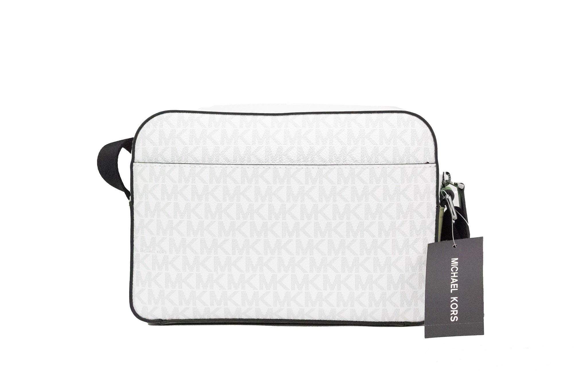 Cooper Small Bright White Palm Signature PVC Utility Crossbody BagStyle: Michael Kors Cooper Small Utility Crossbody (Bright White/Palm Green) Material: Signature PVC and Smooth Leather Features: Inner Zip and Slip Pockets, Outer Zip and Slip Pockets, Adj