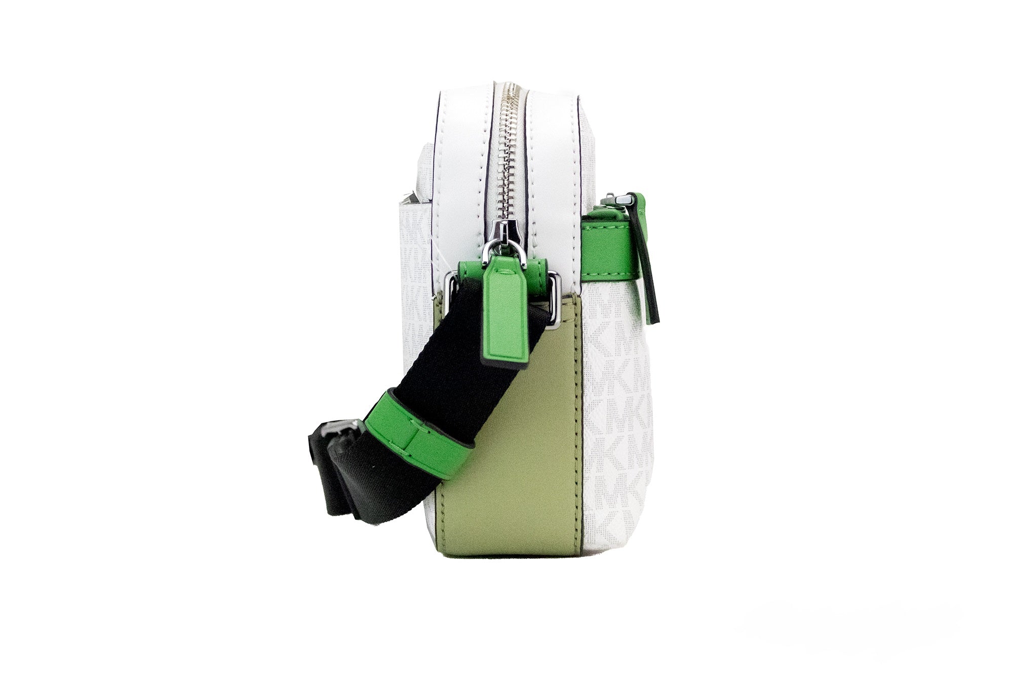 Cooper Small Bright White Palm Signature PVC Utility Crossbody BagStyle: Michael Kors Cooper Small Utility Crossbody (Bright White/Palm Green) Material: Signature PVC and Smooth Leather Features: Inner Zip and Slip Pockets, Outer Zip and Slip Pockets, Adj