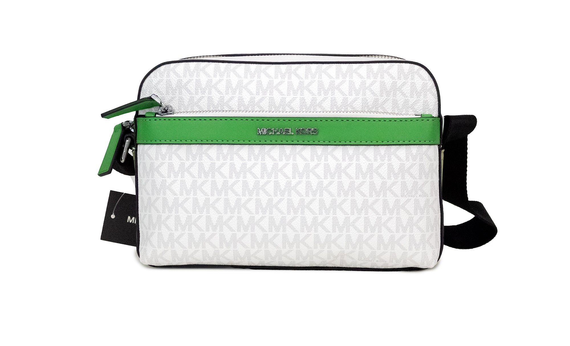 Cooper Small Bright White Palm Signature PVC Utility Crossbody BagStyle: Michael Kors Cooper Small Utility Crossbody (Bright White/Palm Green) Material: Signature PVC and Smooth Leather Features: Inner Zip and Slip Pockets, Outer Zip and Slip Pockets, Adj