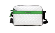 Cooper Small Bright White Palm Signature PVC Utility Crossbody BagStyle: Michael Kors Cooper Small Utility Crossbody (Bright White/Palm Green) Material: Signature PVC and Smooth Leather Features: Inner Zip and Slip Pockets, Outer Zip and Slip Pockets, Adj
