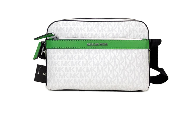 Cooper Small Bright White Palm Signature PVC Utility Crossbody BagStyle: Michael Kors Cooper Small Utility Crossbody (Bright White/Palm Green) Material: Signature PVC and Smooth Leather Features: Inner Zip and Slip Pockets, Outer Zip and Slip Pockets, Adj