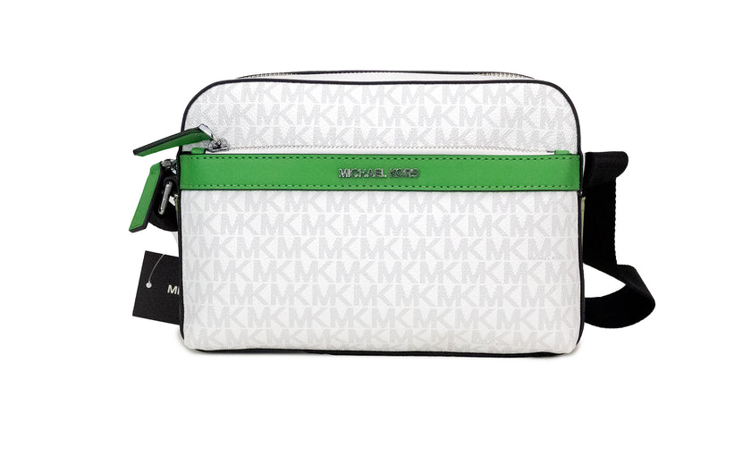 Cooper Small Bright White Palm Signature PVC Utility Crossbody BagStyle: Michael Kors Cooper Small Utility Crossbody (Bright White/Palm Green) Material: Signature PVC and Smooth Leather Features: Inner Zip and Slip Pockets, Outer Zip and Slip Pockets, Adj