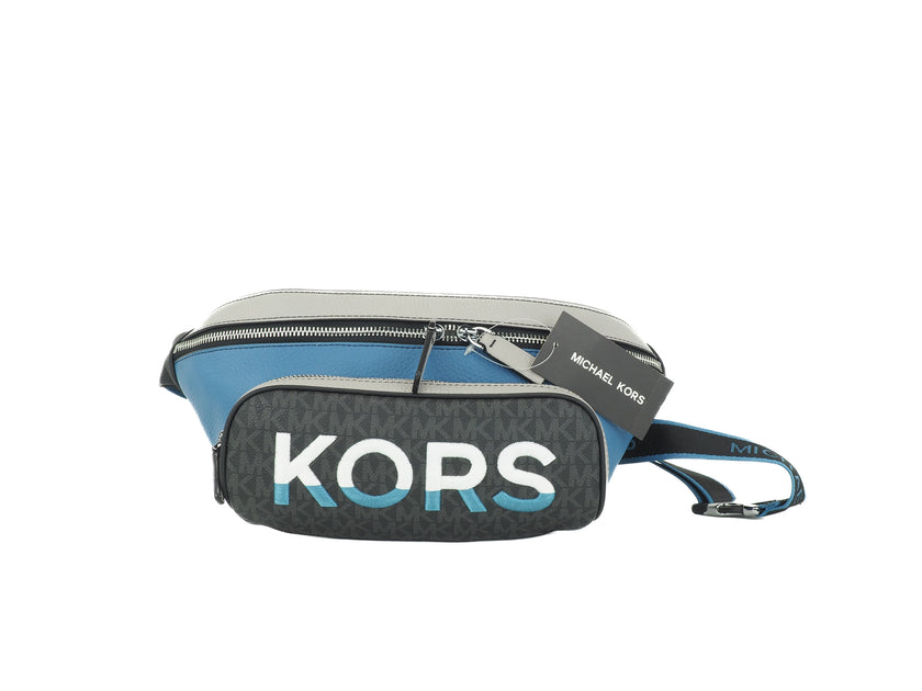 Cooper Large Blue Multi Leather Embroidered Logo Utility Belt BagStyle: Michael Kors Cooper Large Embroidered Logo Utility Belt (Blue) Material: Pebbled Leather and PVC Features: 2 Outer Zip Pockets, 1 Outer Rear Valuables Zip Pocket, Inner Slip Pocket, A