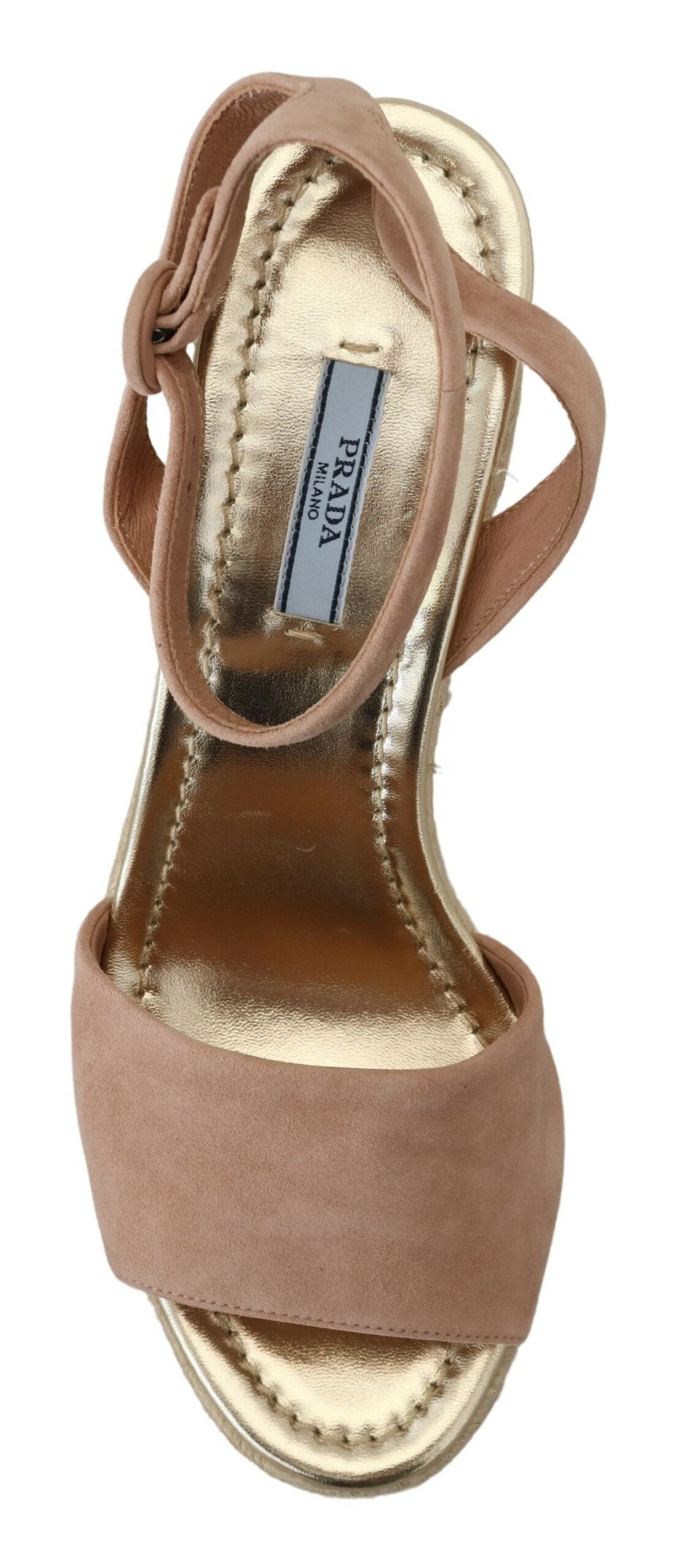 Pink Suede Leather Ankle Strap SandalsPRADA Gorgeous brand new with tags, 100% Authentic PRADA shoes. Model: Wedges ankle strap sandals Color: Pink and beige, gold insole Rubber bottom sole Logo details Made in Italy Very exclusive and high craftsmanship
