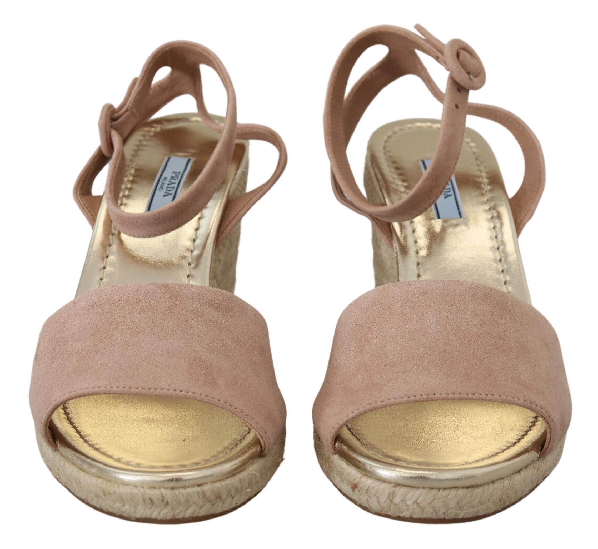 Pink Suede Leather Ankle Strap SandalsPRADA Gorgeous brand new with tags, 100% Authentic PRADA shoes. Model: Wedges ankle strap sandals Color: Pink and beige, gold insole Rubber bottom sole Logo details Made in Italy Very exclusive and high craftsmanship