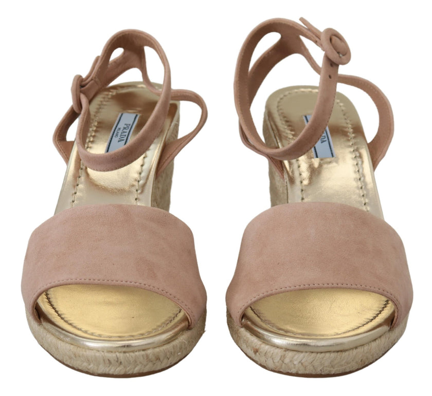 Pink Suede Leather Ankle Strap SandalsPRADA Gorgeous brand new with tags, 100% Authentic PRADA shoes. Model: Wedges ankle strap sandals Color: Pink and beige, gold insole Rubber bottom sole Logo details Made in Italy Very exclusive and high craftsmanship