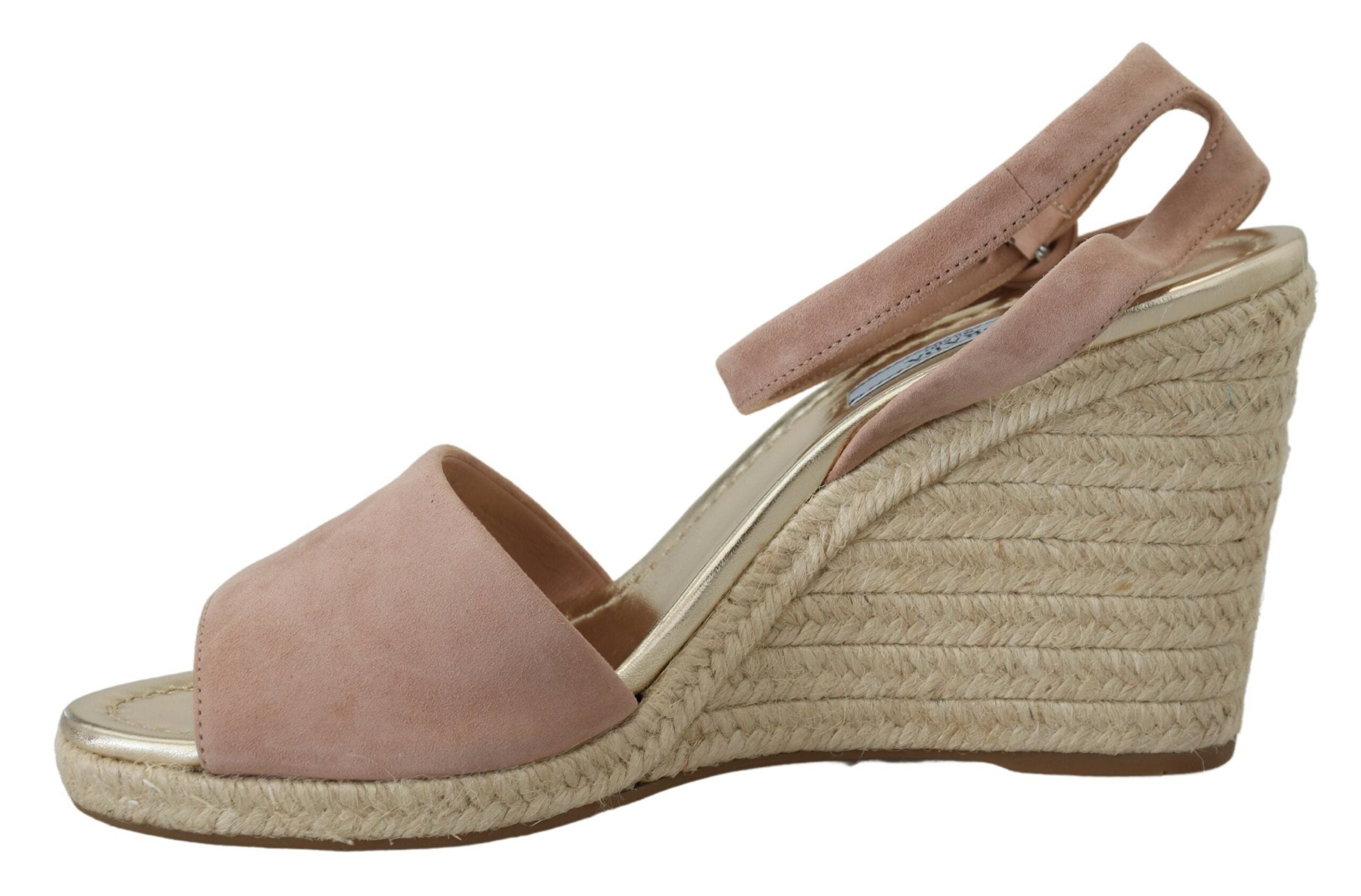Pink Suede Leather Ankle Strap SandalsPRADA Gorgeous brand new with tags, 100% Authentic PRADA shoes. Model: Wedges ankle strap sandals Color: Pink and beige, gold insole Rubber bottom sole Logo details Made in Italy Very exclusive and high craftsmanship