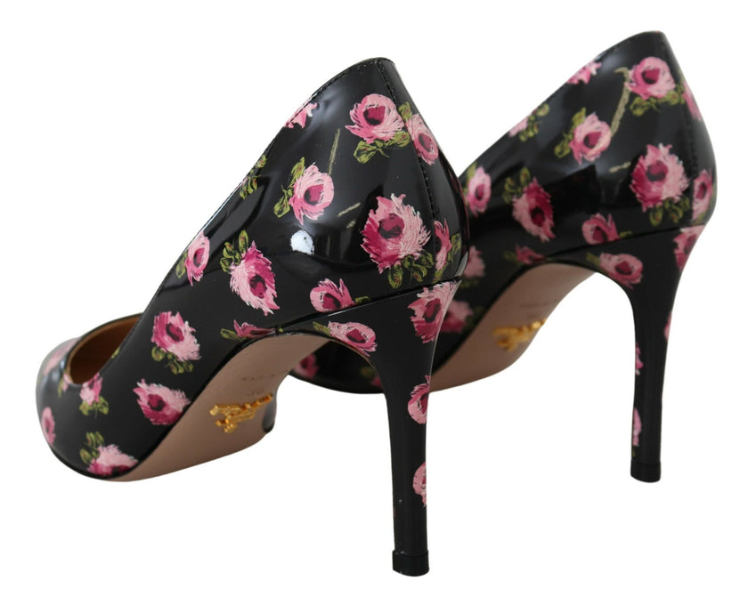 Black Leather Floral Heels Stilettos PumpsPRADA Gorgeous brand new with tags, 100% Authentic PRADA shoes. Model: Heels pumps Color: Black with pink floral print Leather bottom sole Logo details Made in Italy Very exclusive and high craftsmanship Material: