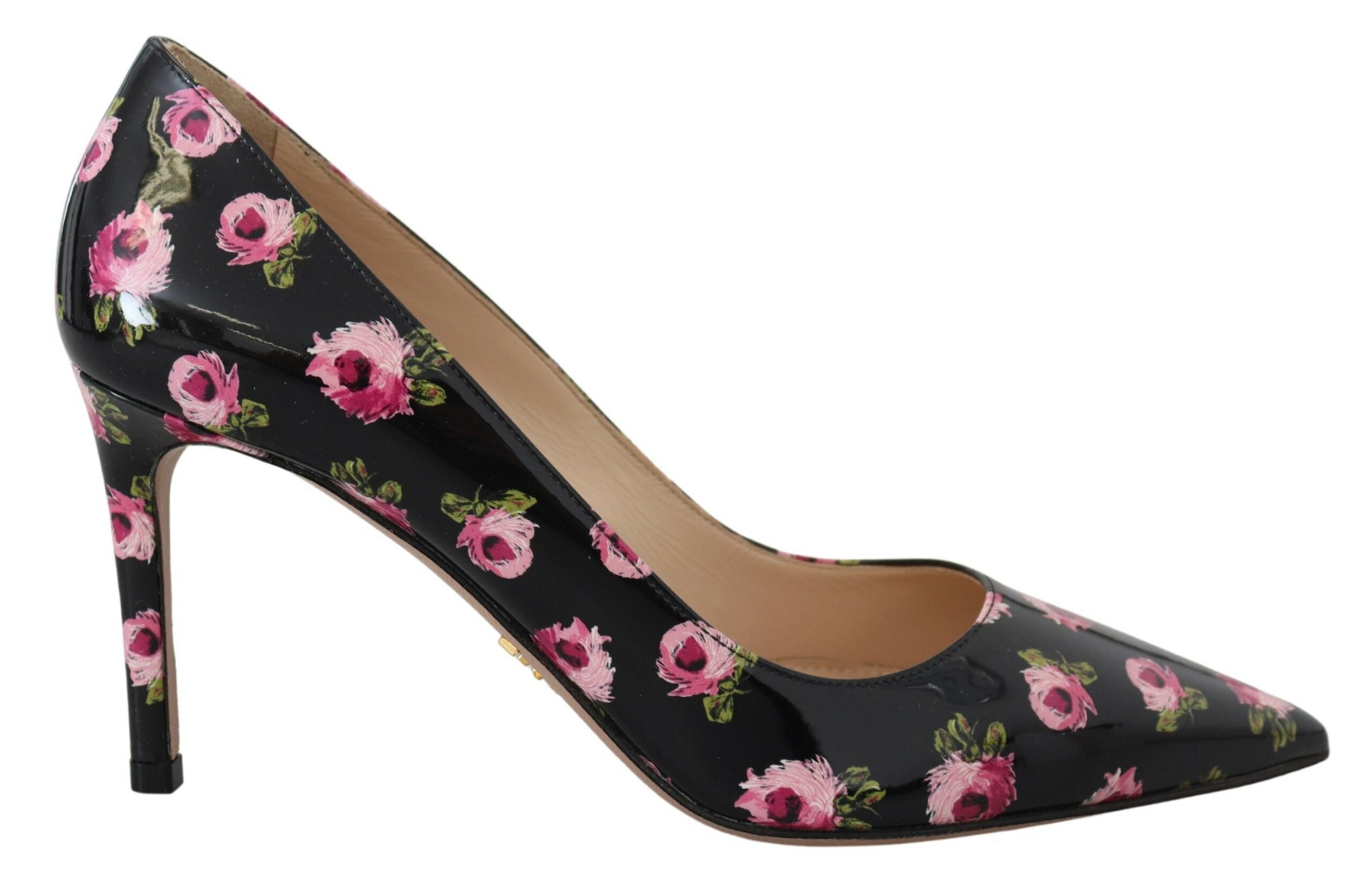 Schwarze Lederpumps mit pinkem Blumenmuster und Pfennigabsatz