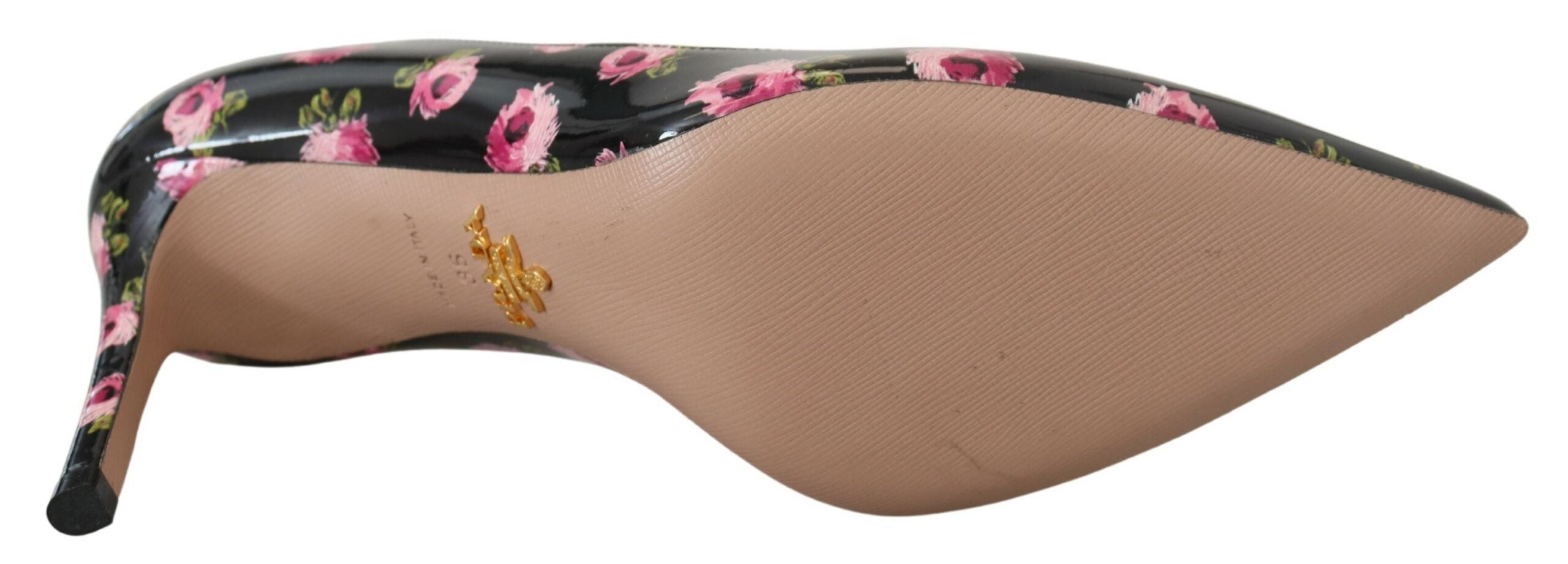 Black Leather Pumps with Pink Floral Print Stilettos