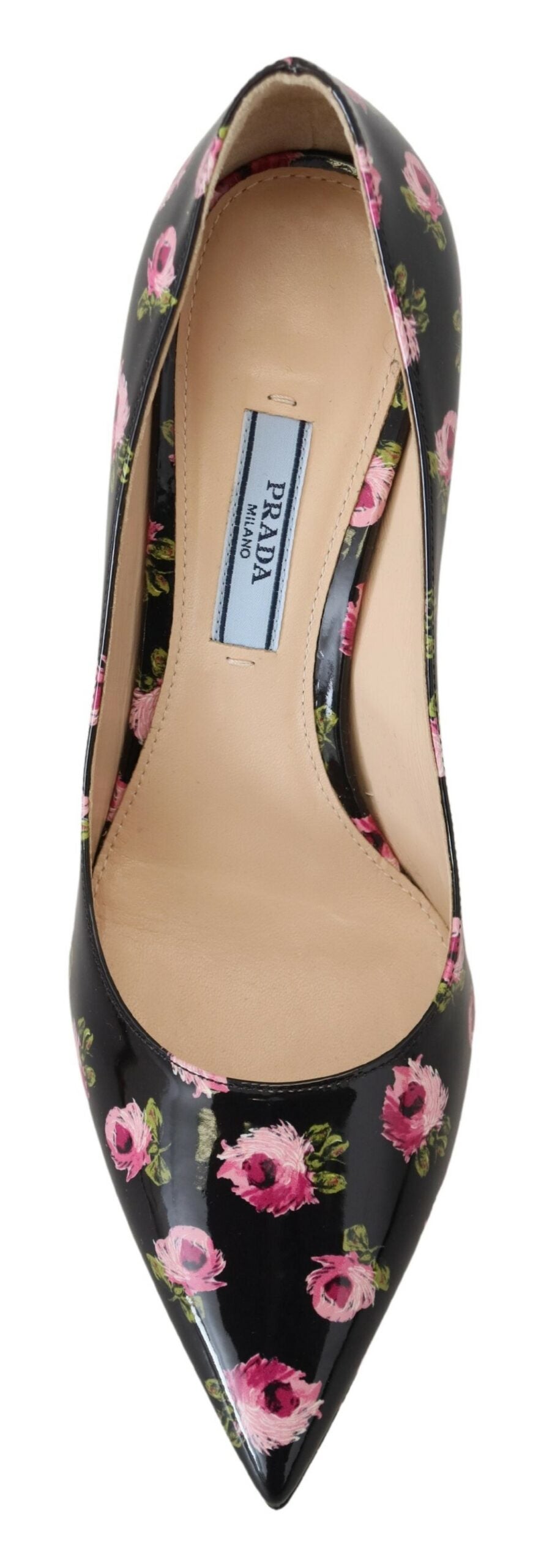Black Leather Floral Heels Stilettos PumpsPRADA Gorgeous brand new with tags, 100% Authentic PRADA shoes. Model: Heels pumps Color: Black with pink floral print Leather bottom sole Logo details Made in Italy Very exclusive and high craftsmanship Material: