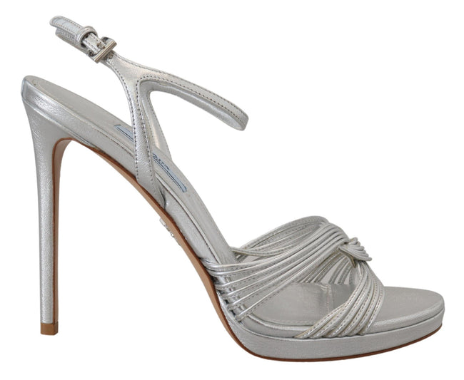 Silver Leather Sandals Ankle Strap Heels StilettoPRADA Gorgeous brand new with tags, 100% Authentic PRADA shoes. Model: Stiletto heels sandals Color: Silver Leather bottom sole Logo details Made in Italy Very exclusive and high craftsmanship Material: 100