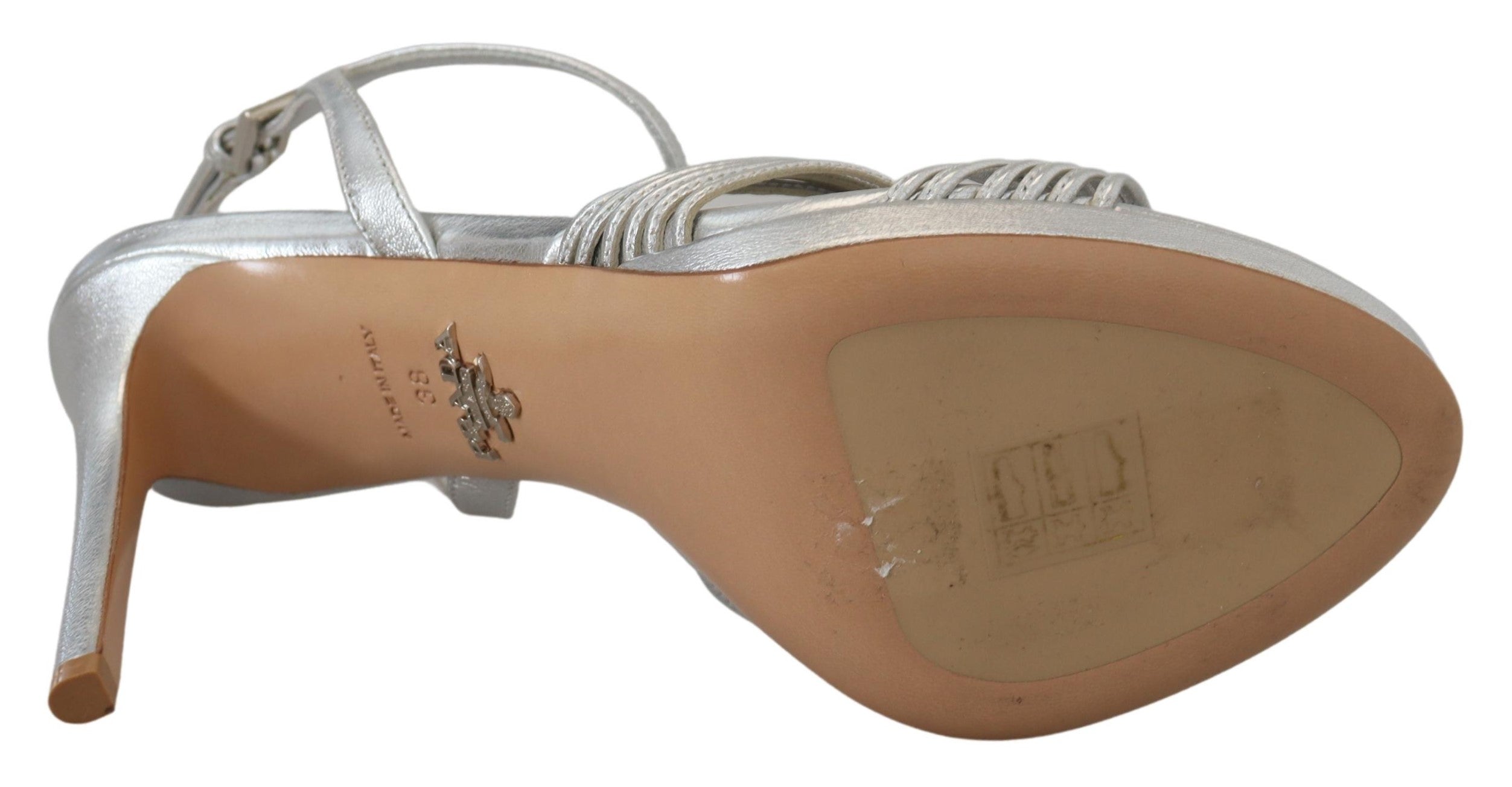Silver Leather Sandals Ankle Strap Heels StilettoPRADA Gorgeous brand new with tags, 100% Authentic PRADA shoes. Model: Stiletto heels sandals Color: Silver Leather bottom sole Logo details Made in Italy Very exclusive and high craftsmanship Material: 100