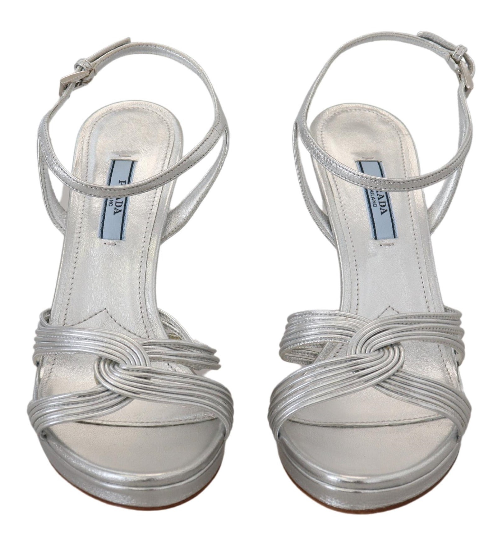 Silver Leather Sandals Ankle Strap Heels StilettoPRADA Gorgeous brand new with tags, 100% Authentic PRADA shoes. Model: Stiletto heels sandals Color: Silver Leather bottom sole Logo details Made in Italy Very exclusive and high craftsmanship Material: 100