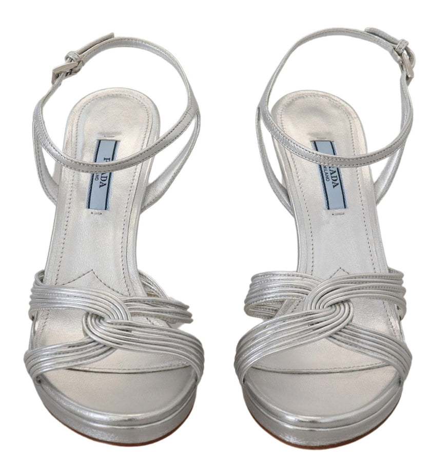 Silver Leather Sandals Ankle Strap Heels StilettoPRADA Gorgeous brand new with tags, 100% Authentic PRADA shoes. Model: Stiletto heels sandals Color: Silver Leather bottom sole Logo details Made in Italy Very exclusive and high craftsmanship Material: 100