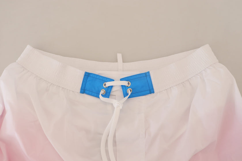White Pink Logo Print Men Beachwear Shorts SwimwearDSQUARED2 Absolutely stunning, 100% Authentic, exclusive brand new with tags DSQUARED2 Beachwear swimming shorts. Model: Swim shorts Boxer Color: White pink with print Material: 92% Polyamide 8% Elastane