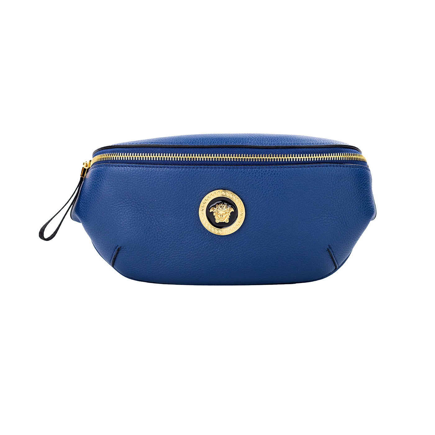 Small Navy Calf Leather Medusa Pendant Fanny Waist Pack Belt BagStyle: Versace Small Navy Medusa Pendant Fanny Waist Pack Belt Bag Material: Grainy Calf Leather Features: 4 Inner Card Slots, Medusa Head Pendant Design, Zip Closure Measures: 25.4 cm L x 12