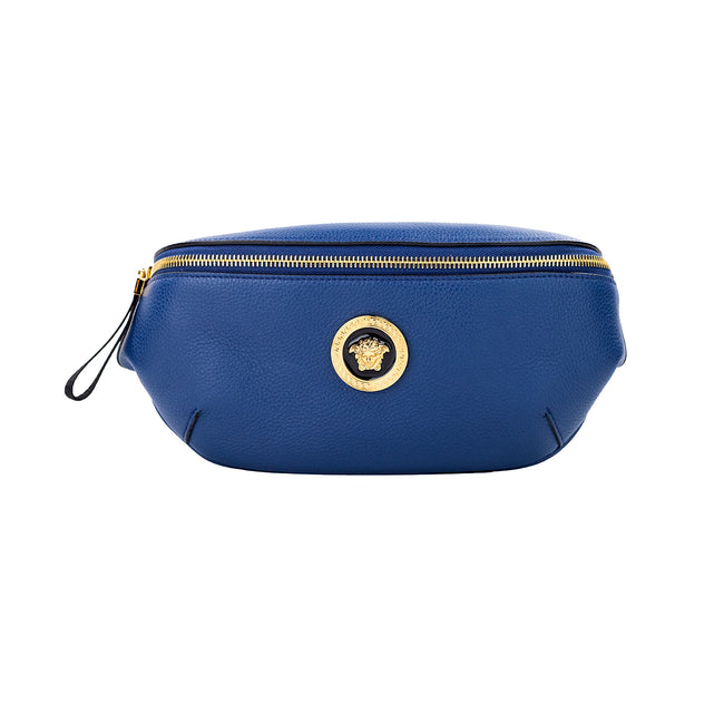 Small Navy Calf Leather Medusa Pendant Fanny Waist Pack Belt BagStyle: Versace Small Navy Medusa Pendant Fanny Waist Pack Belt Bag Material: Grainy Calf Leather Features: 4 Inner Card Slots, Medusa Head Pendant Design, Zip Closure Measures: 25.4 cm L x 12