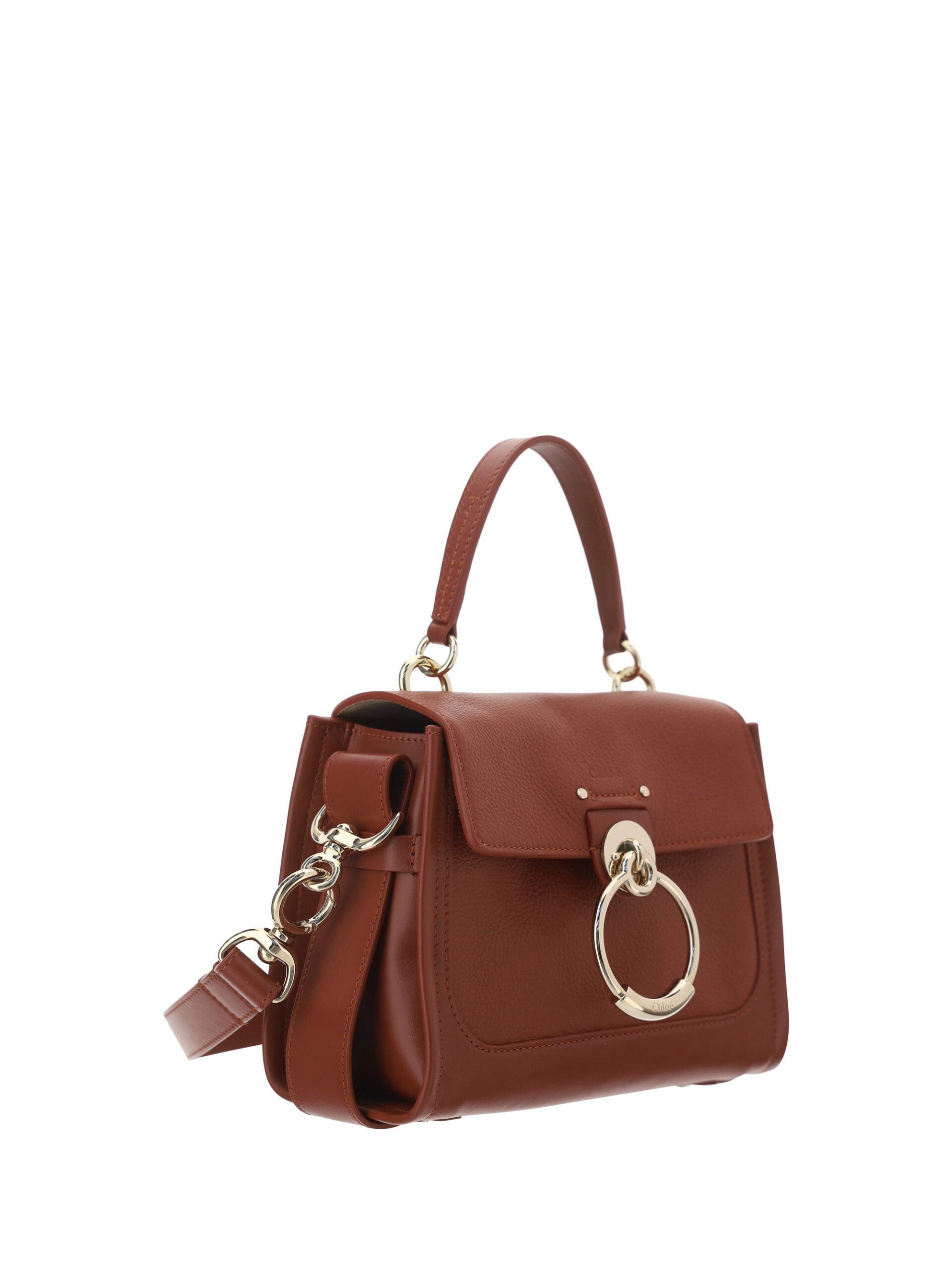 Sepiabraune Leder-Handtasche Tess mit goldfarbenen Beschlägen
