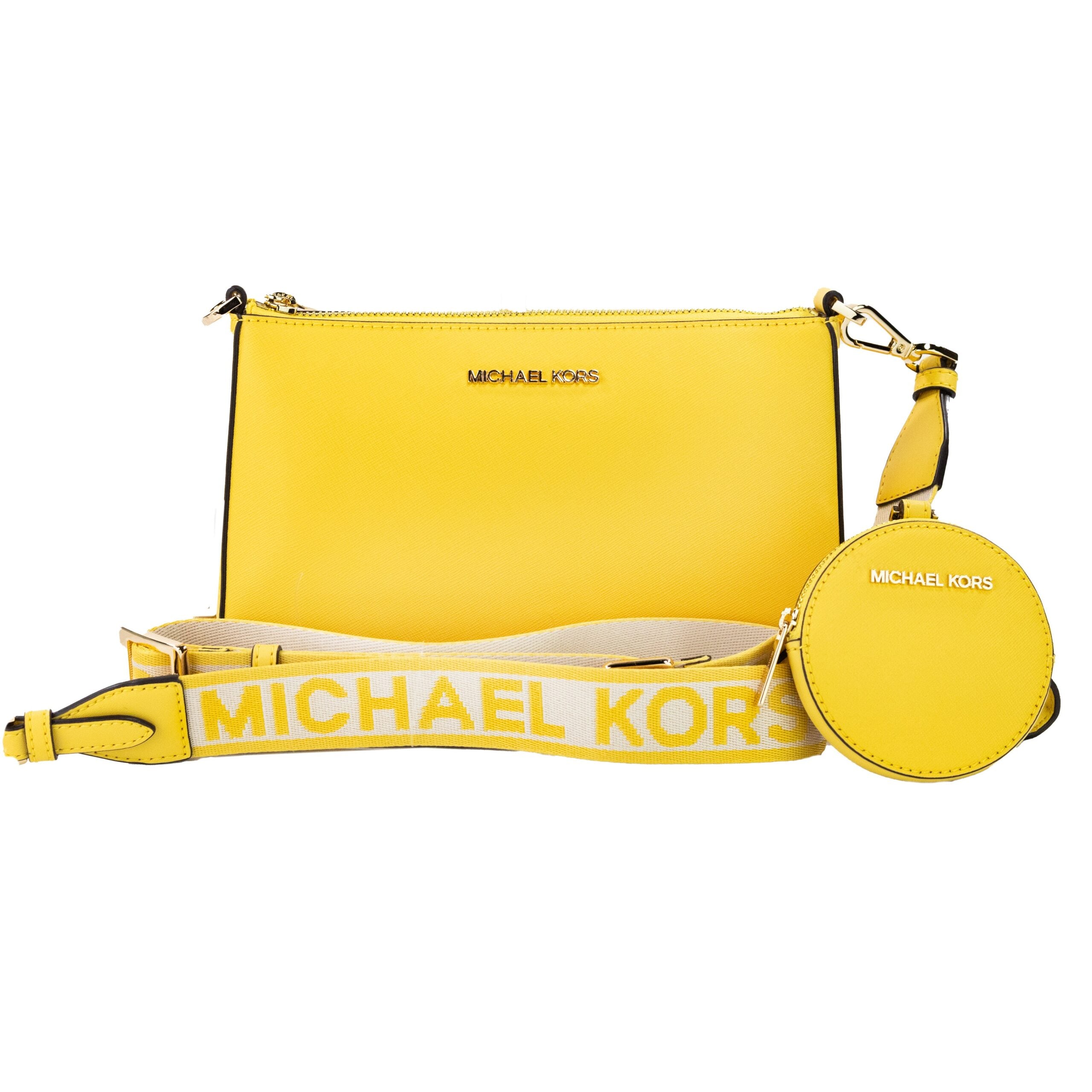 Jet Set Daffodil Vegan Crossbody Tech Attachment Bag PurseStyle: Michael Kors Jet Set Small Gradient Crossbody with Tech Attachment Bag (Daffodil) Material: Non-Leather Vegan Material Features: 1 Inner Slip Pocket, 3 Inner Card Slots, Detachable Coin Pouc