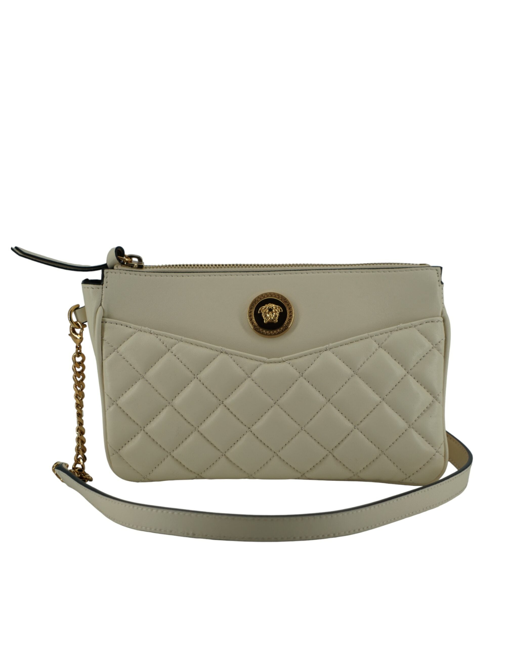 Elegant White Lamb Leather Crossbody PouchDiscover the ultimate touch of elegance with our stunning Versace Pouch Crossbody Bag, perfect for adding a sophisticated flair to your ensemble. Crafted from luxurious lamb leather and finished in a pristine whit