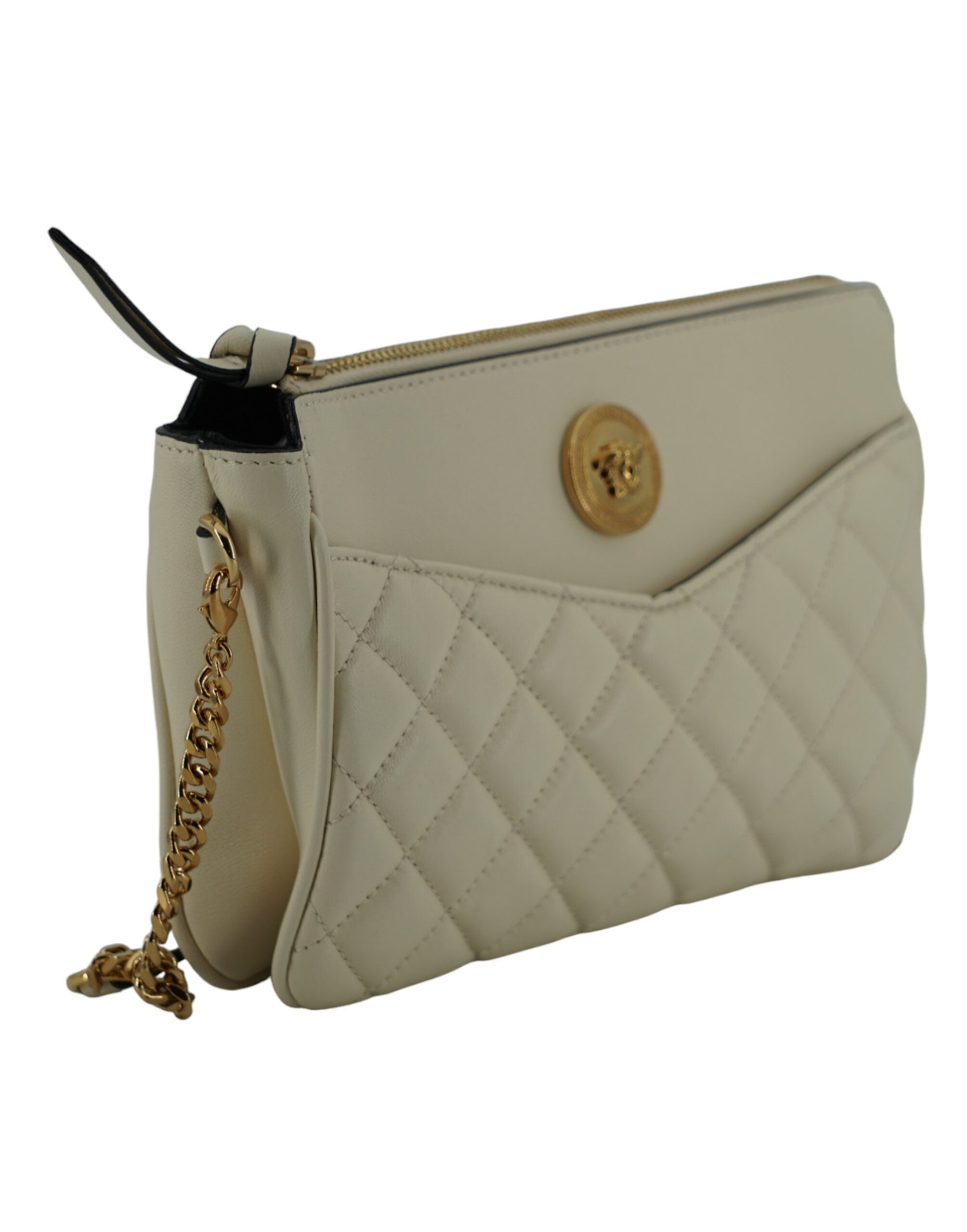 Elegant White Lamb Leather Crossbody PouchDiscover the ultimate touch of elegance with our stunning Versace Pouch Crossbody Bag, perfect for adding a sophisticated flair to your ensemble. Crafted from luxurious lamb leather and finished in a pristine whit
