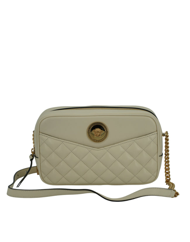 Elegant White Leather Camera Shoulder BagIndulge in the luxury of Versace with this exquisite camera shoulder bag, perfect for the fashion-forward individual. Crafted from the finest lamb leather, this white medium-sized bag exemplifies sophistication and