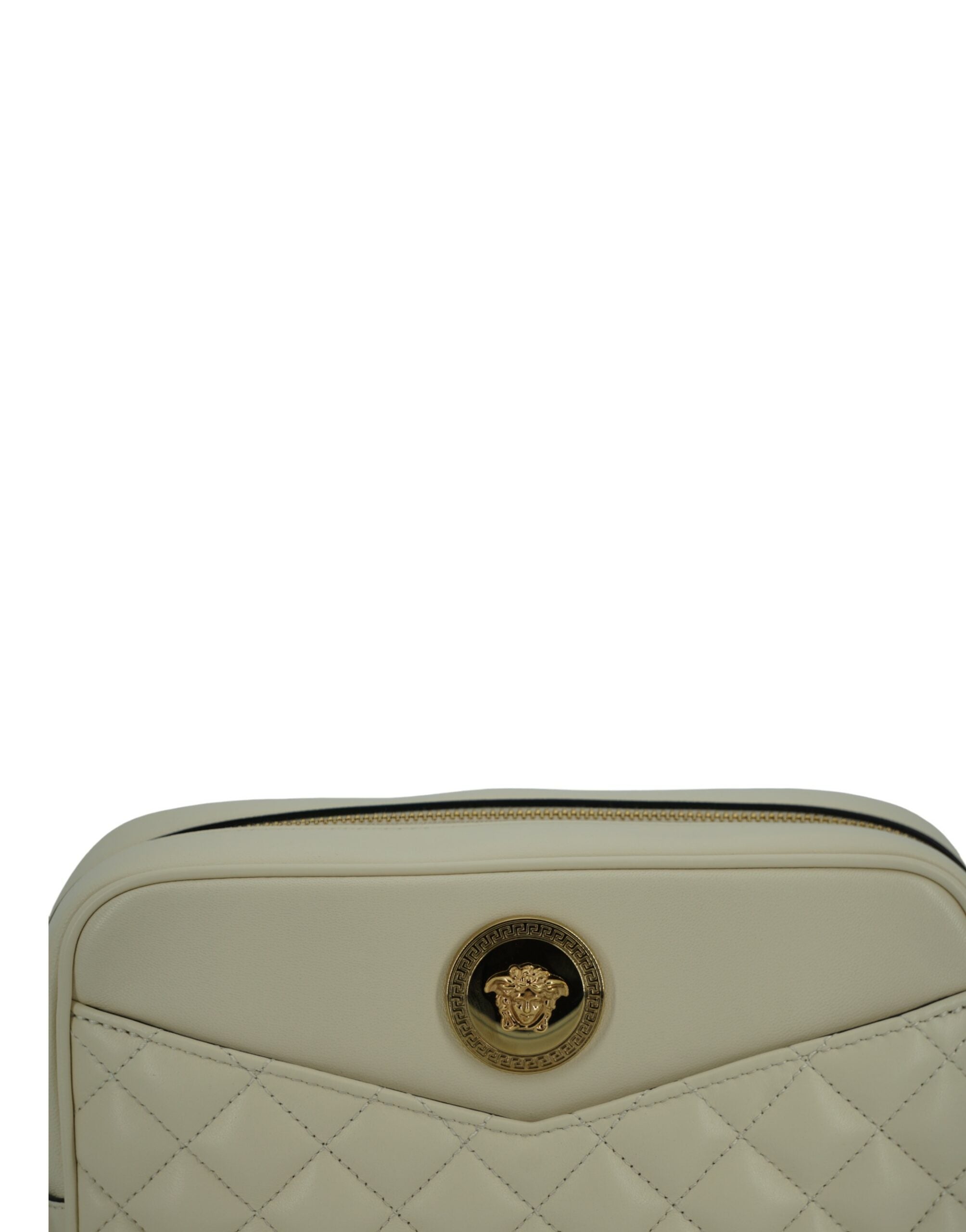 Elegant White Leather Camera Shoulder BagIndulge in the luxury of Versace with this exquisite camera shoulder bag, perfect for the fashion-forward individual. Crafted from the finest lamb leather, this white medium-sized bag exemplifies sophistication and