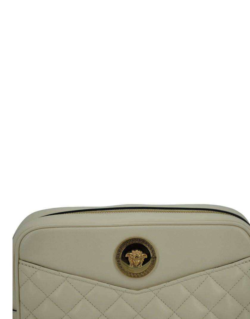 Elegant White Leather Camera Shoulder BagIndulge in the luxury of Versace with this exquisite camera shoulder bag, perfect for the fashion-forward individual. Crafted from the finest lamb leather, this white medium-sized bag exemplifies sophistication and