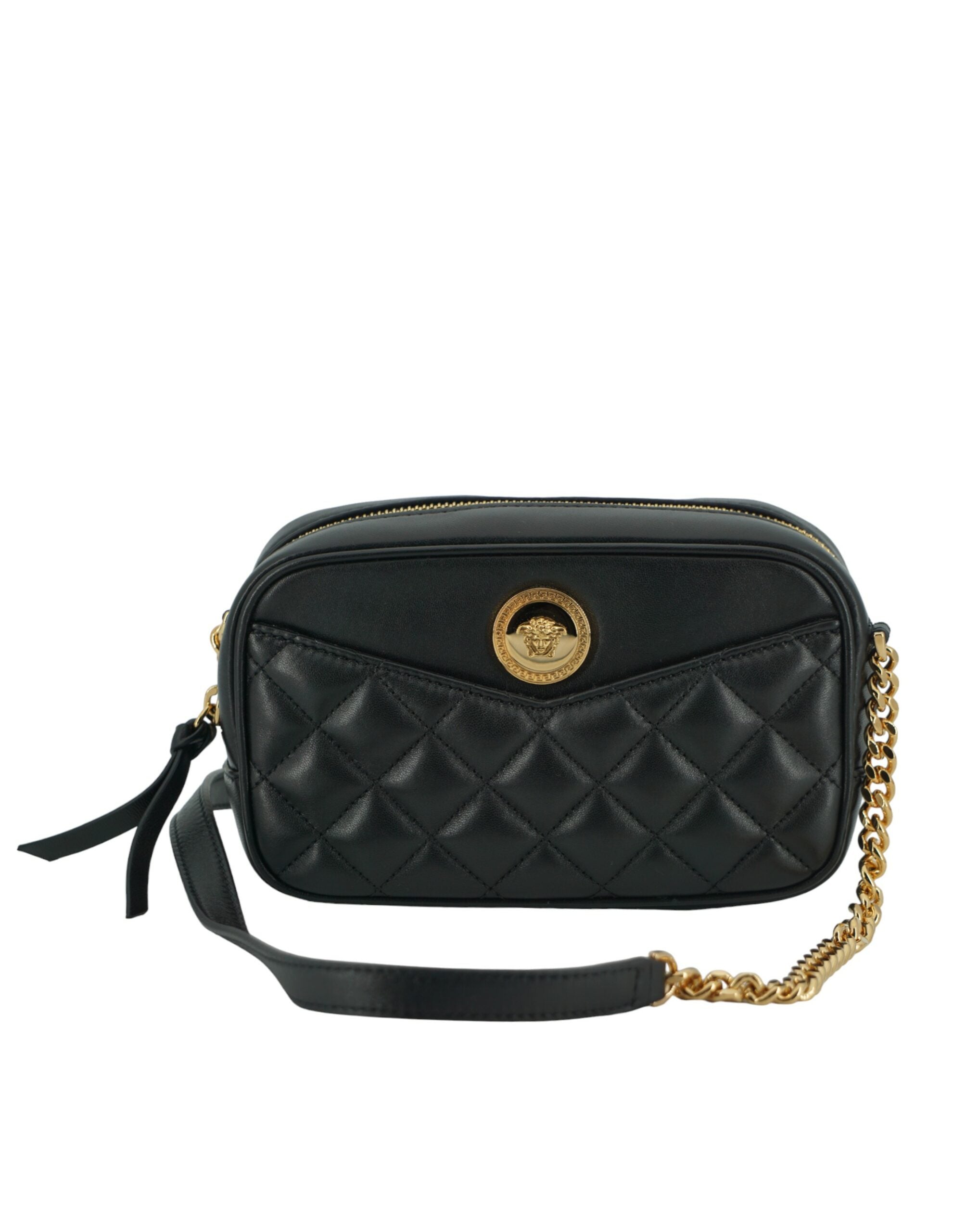 Elegant Small Black Leather Crossbody BagIndulge in the opulence of Versace with this stunning new Small Camera Crossbody Bag. Crafted from sumptuous lamb leather, this bag is not only a symbol of luxury but also an accessory that encapsulates functionali