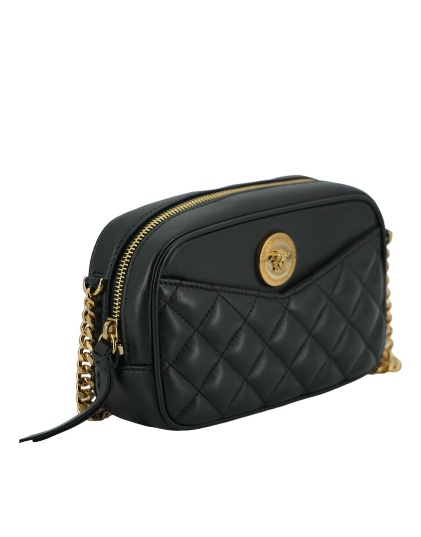 Elegant Small Black Leather Crossbody BagIndulge in the opulence of Versace with this stunning new Small Camera Crossbody Bag. Crafted from sumptuous lamb leather, this bag is not only a symbol of luxury but also an accessory that encapsulates functionali