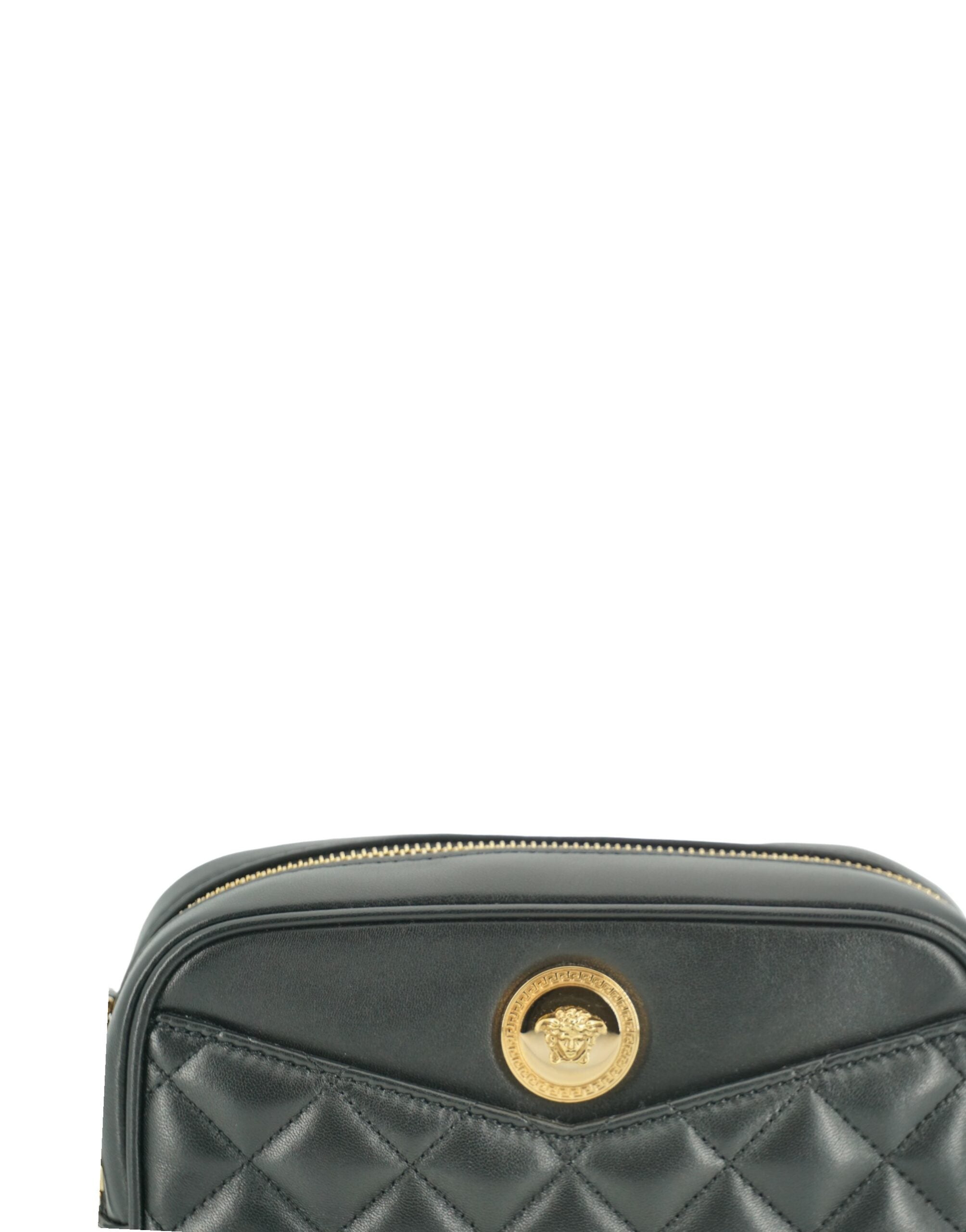 Elegant Small Black Leather Crossbody BagIndulge in the opulence of Versace with this stunning new Small Camera Crossbody Bag. Crafted from sumptuous lamb leather, this bag is not only a symbol of luxury but also an accessory that encapsulates functionali