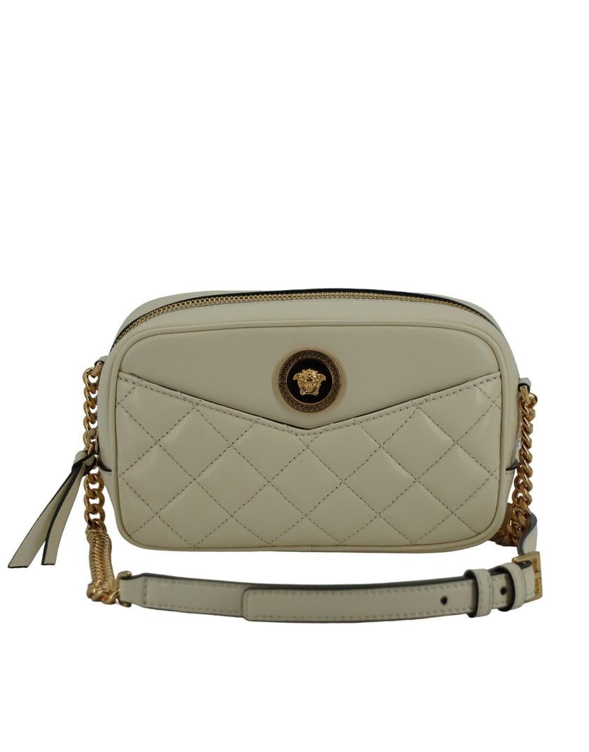 Elegant White Lamb Leather Camera BagIndulge in the elegance of the Versace Camera Crossbody Bag, crafted for those who appreciate luxury and style. This stunning accessory is your perfect companion for any occasion, blending fashion and functionality sea
