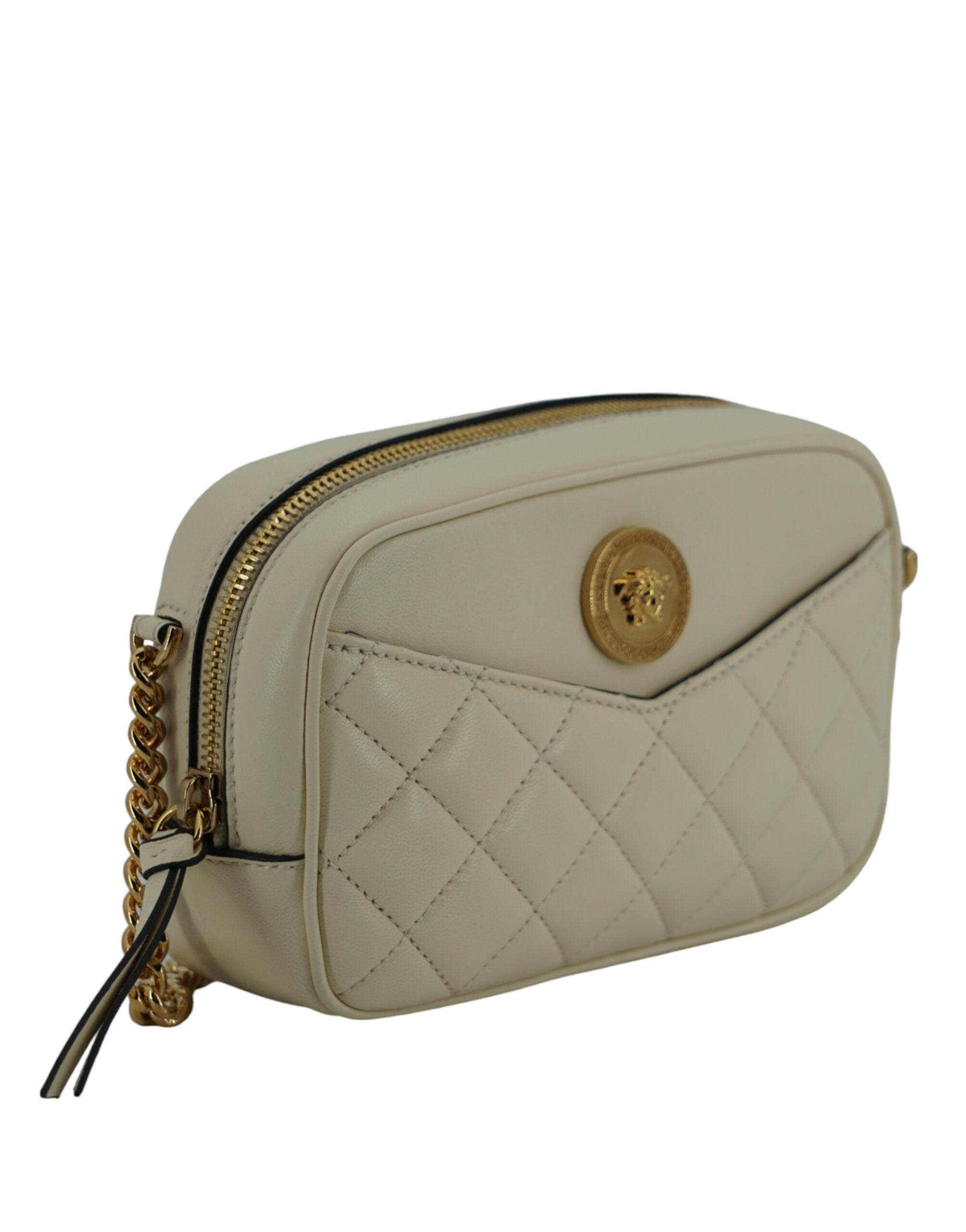 Elegant White Lamb Leather Camera BagIndulge in the elegance of the Versace Camera Crossbody Bag, crafted for those who appreciate luxury and style. This stunning accessory is your perfect companion for any occasion, blending fashion and functionality sea