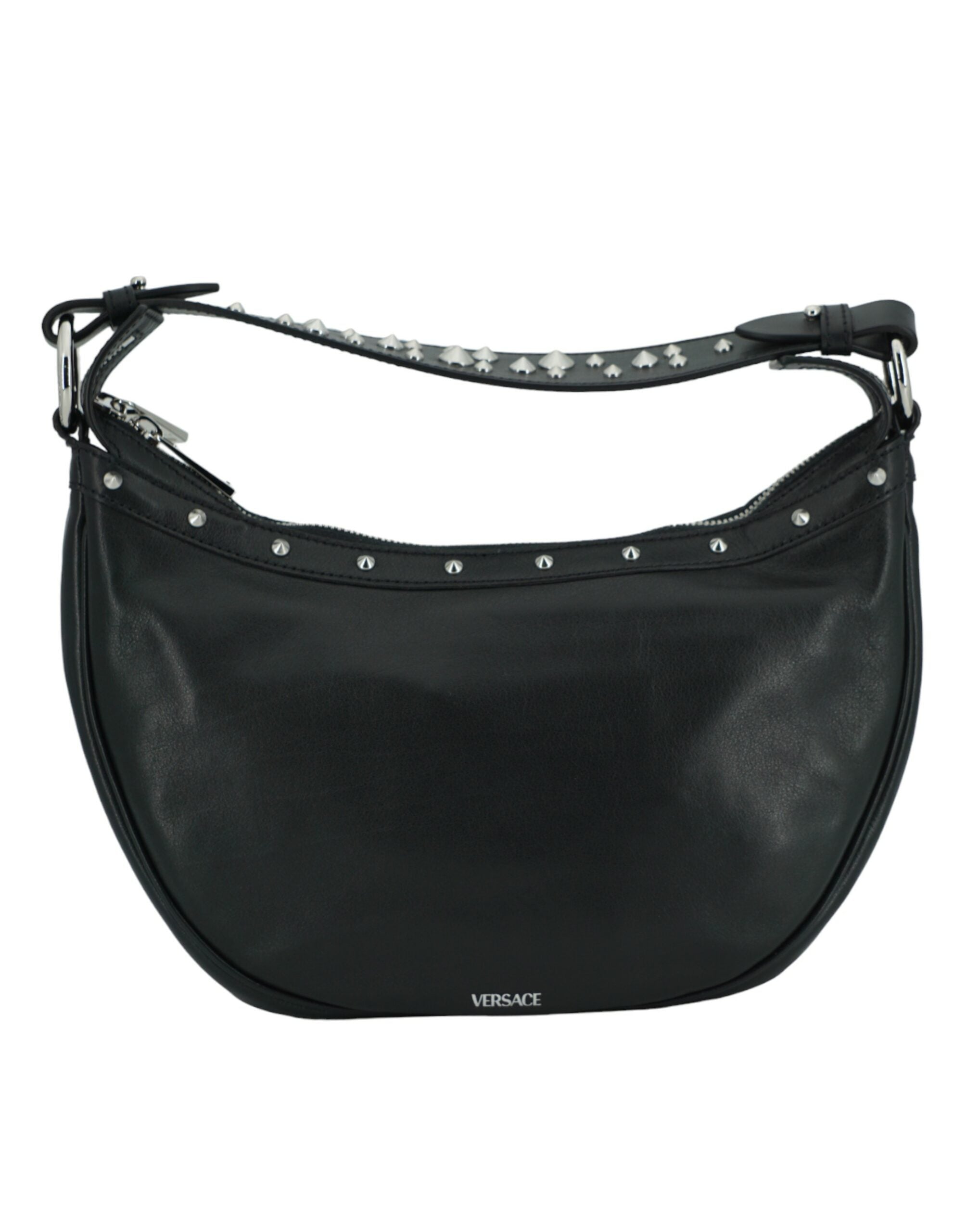 Elegant Black Leather Hobo Shoulder BagIndulge in the epitome of luxury with the Versace Small Hobo Shoulder Bag, a perfect blend of style and practicality for the fashion-forward individual. The stunning black calf leather construction is complemented by